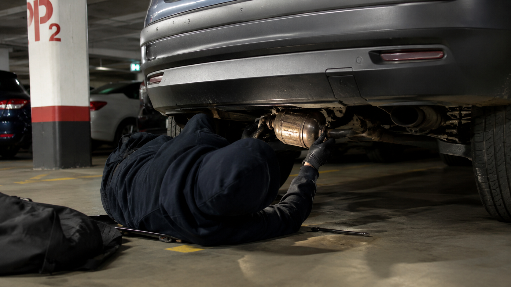 Krađa katalizatora sa automobila &ndash; mehaničar pregleda o&scaron;tećen izduvni sistem i priprema zamenu dela čija &scaron;teta može prema&scaron;iti 1.000 evra.
